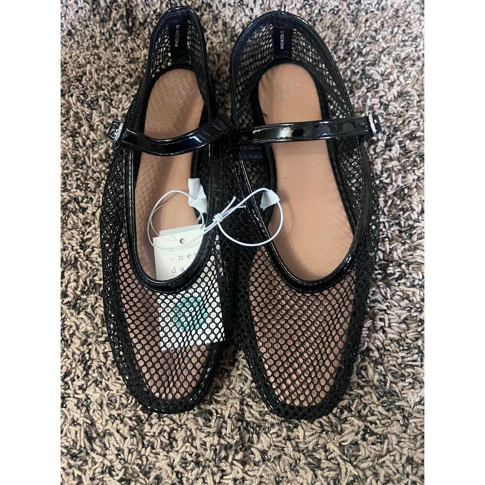 A New Day Black Mesh Mary Jane Flats Women 8.5 Memory Foam Buckle Strap NWOB
